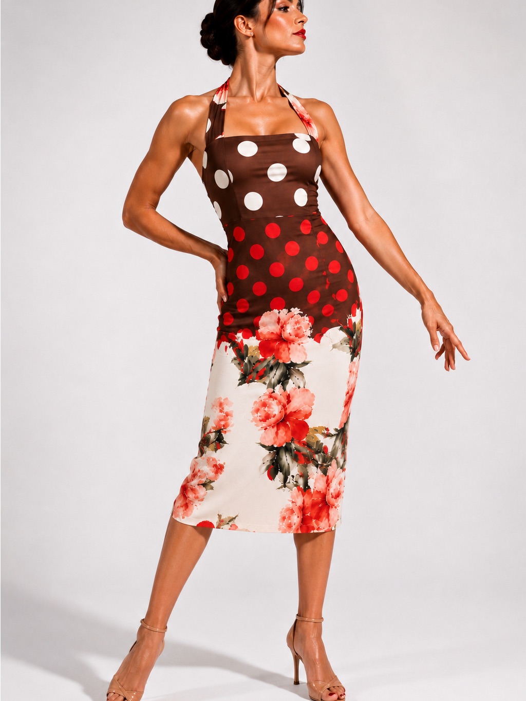 Floral Tango Dress Brown Polka Dot Floral Halter Open Back Midi